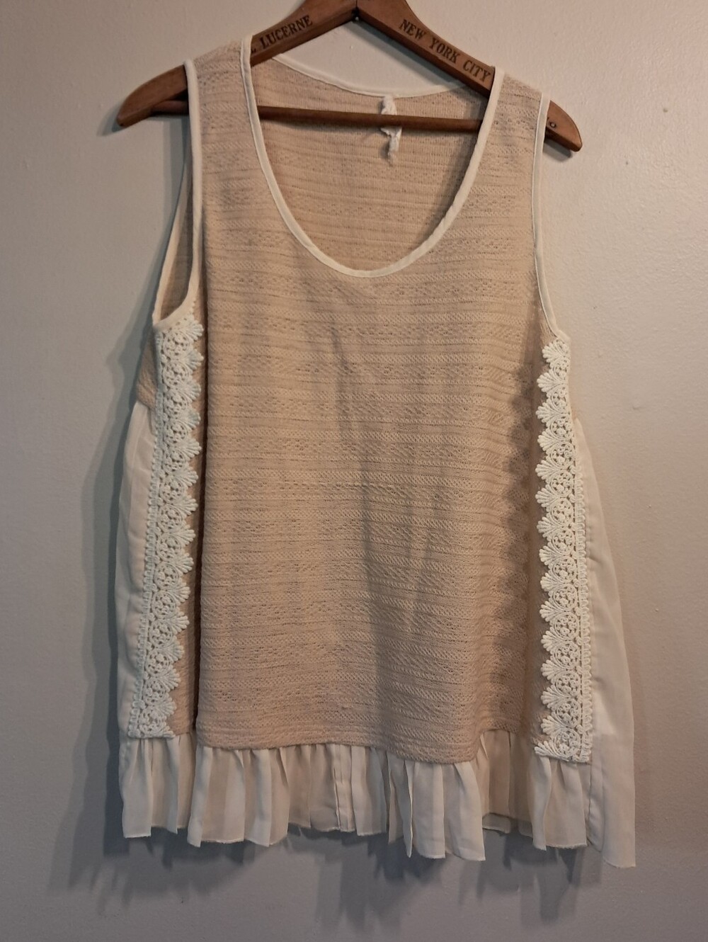 A'Reve Beige and Cream Crochet-Trim Sleeveless Flowy Tank